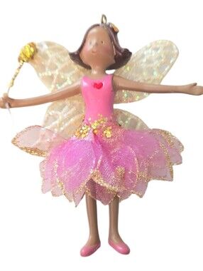 Dark Skin Brown Hair Fairy Christmas Ornament Holiday Pink Dress Glitter